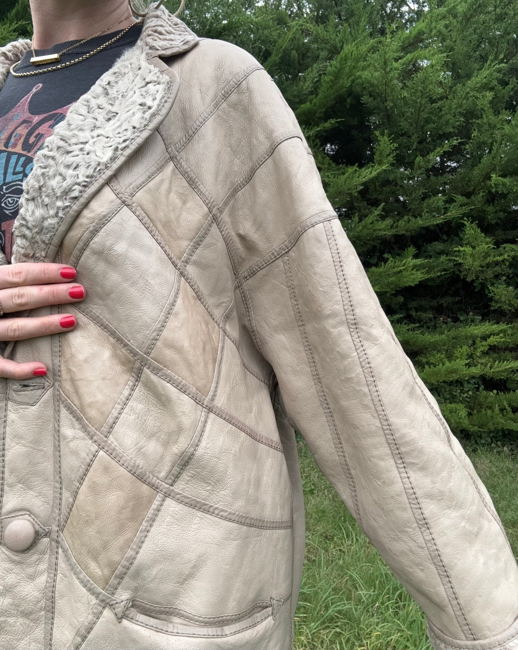 Fur lined patchwork leather jacket
