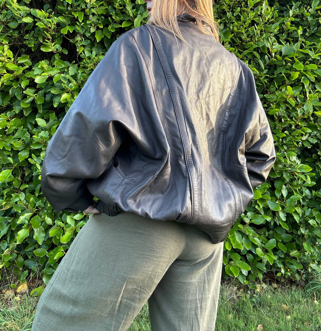 Grey/Brown high neck vintage leather jacket