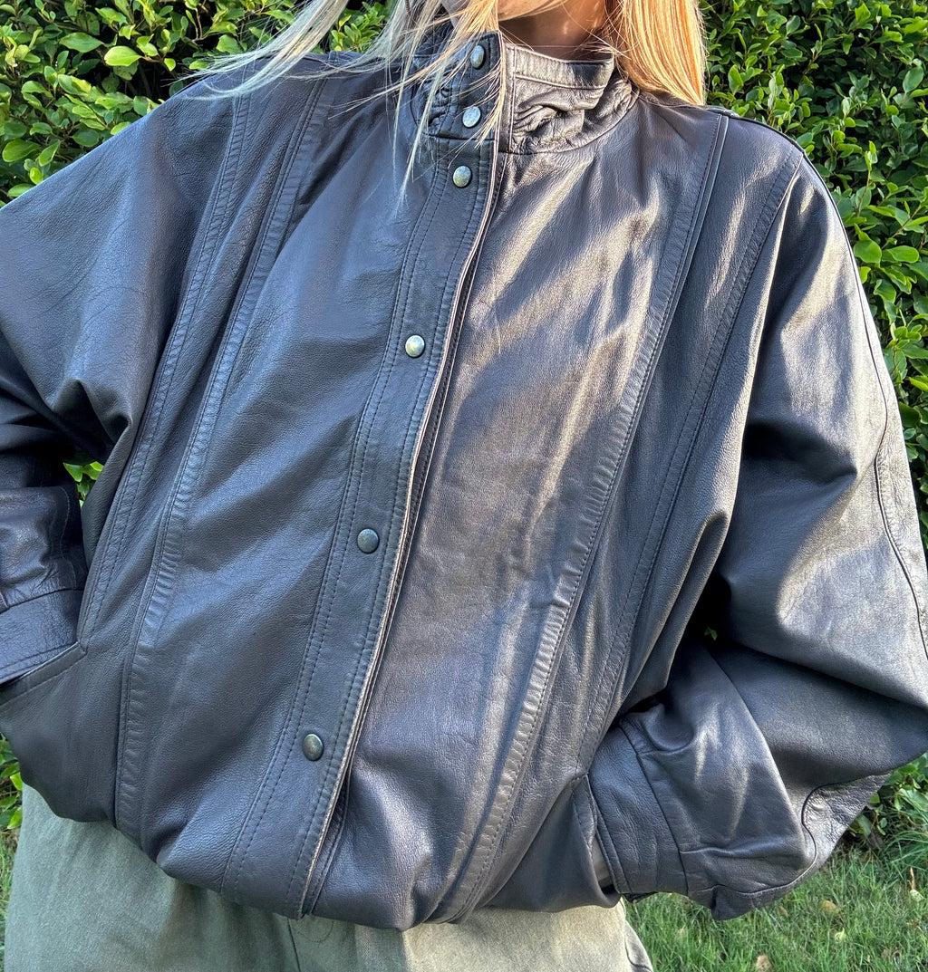 Grey/Brown high neck vintage leather jacket