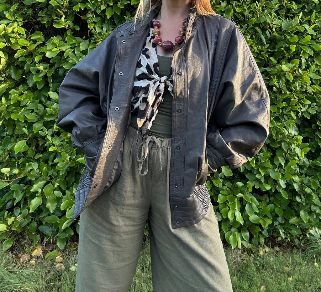 Grey/Brown high neck vintage leather jacket