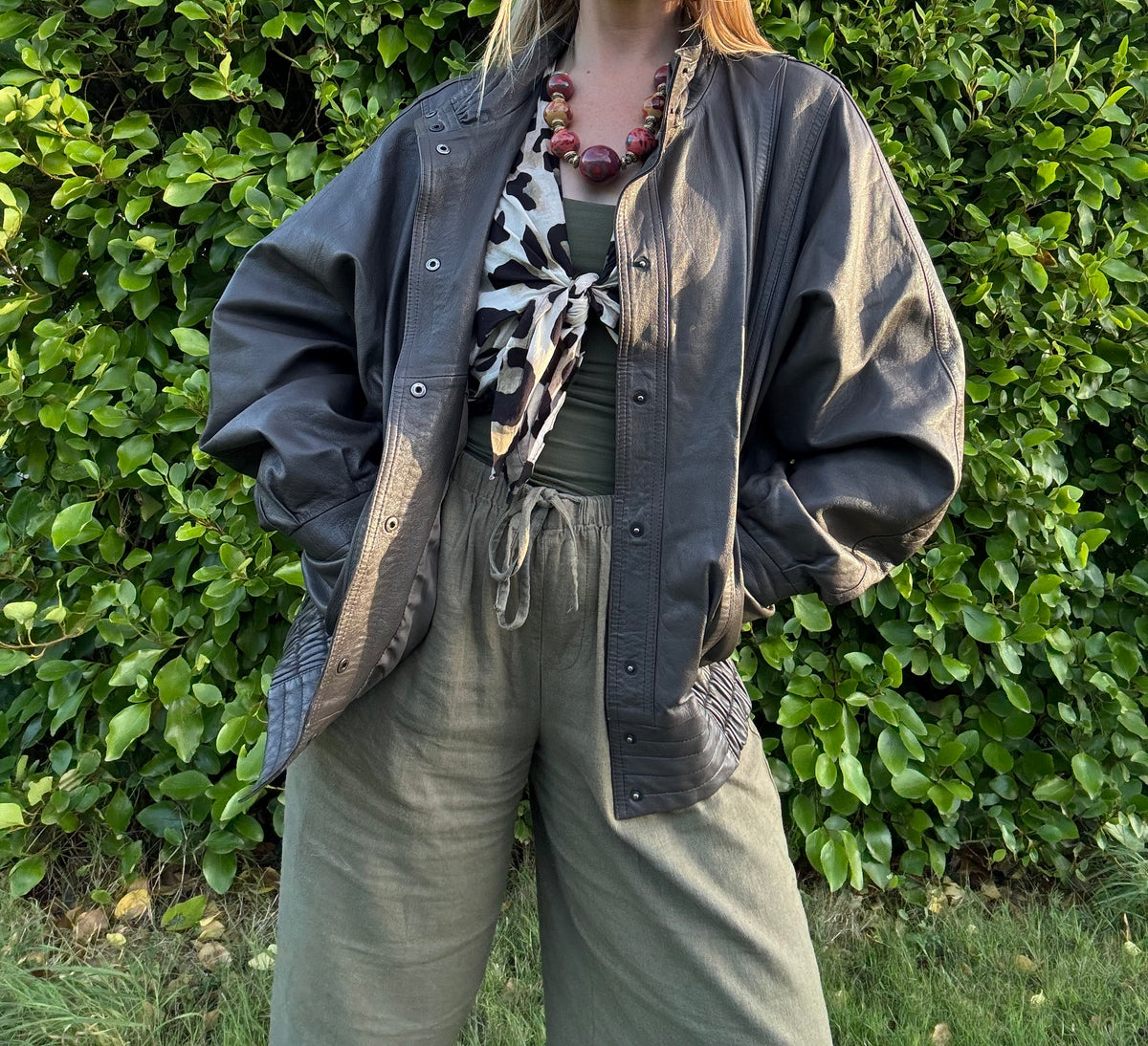 Grey/Brown high neck vintage leather jacket