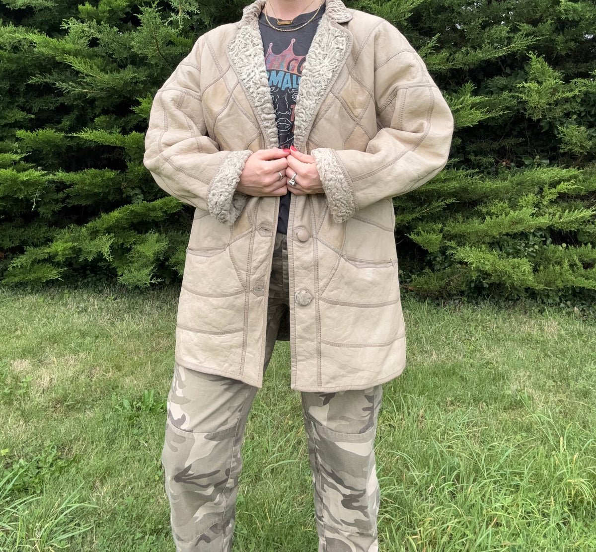 Fur lined patchwork leather jacket